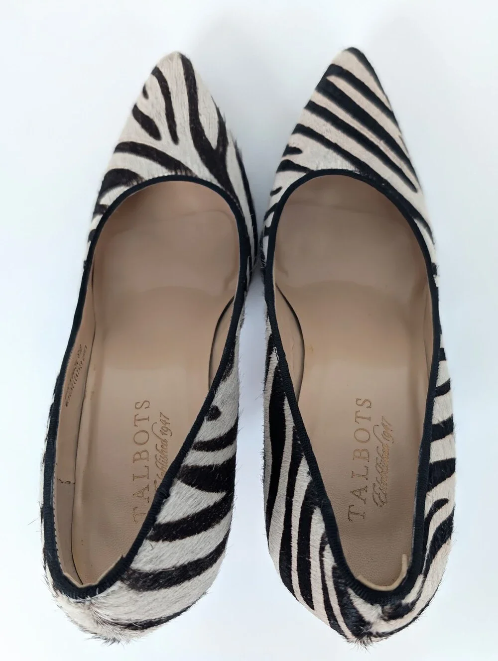 Talbots Zebra Leather Pointy Toe Pump Heels Brown Black White Cream Size 6.5